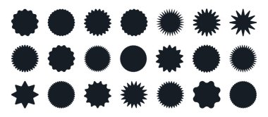 Güneş patlaması şekilleri. Siyah güneş patlaması çıkartmaları, indirimli fiyat etiketleri, zikzak kenarları düz vektör illüstrasyon seti. Güneş patlaması etiketleri siluet koleksiyonu