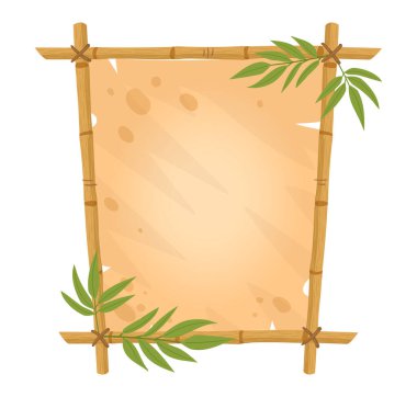 Çizgi film bambu tabelaları. Bambu ahşap çerçeve, yapraklı bambu bitkisi kare düz vektör çizimi. Beyaz bambu çubukları ile orman kenarı