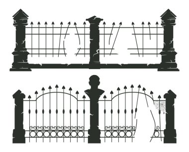 Mezarlık çitleri siluetleri. Cadılar Bayramı ürkütücü mezarlık kapıları, ürkütücü cadılar bayramı dekorasyonları düz vektör illüstrasyon seti. Kilisenin çitleri beyaz