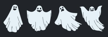 Cadılar Bayramı hayaletleri. Korkunç gece gölgeleri ve yaramaz hayalet hayaletler, komik hayalet ruhlar düz vektör çizimleri. Şirin uçan gizemli hayaletler.