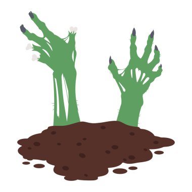 Zombi elleri mezardan sürünerek çıkıyor. Cadılar Bayramı korkunç zombi kolları, korkunç kemikli canavarlar düz çizgi film çizimi. Yerden çıkmış sıska uzuvlar.