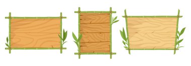 Bambu ahşap çerçeveler. Orman bambu yaprakları, ahşap saplı egzotik işaretler düz vektör çizimleri. Asya bambu çerçeve koleksiyonu