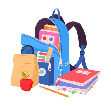 Çizgi film okul malzemeleri. Okul eğitimi unsurları, içinde kitaplar ve kahvaltılık düz vektör illüstrasyonu olan çocuk okul çantası. İlkokul öğrencileri sırt çantası.