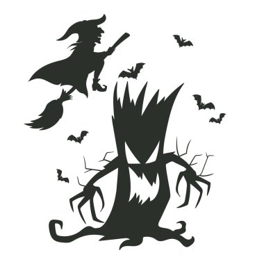 Cadılar Bayramı hortlak ağacı ve cadı siluetleri. Uçan cadı çizimi olan ürkütücü ağaç silueti. Korku cadılar bayramı ağacı silueti