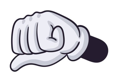 Çizgi film eldivenli komik el. Çizgi roman karakteri vücut parçası, eldivenli komik maskot eli düz vektör çizimi. Komik el hareketi.