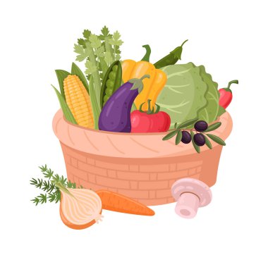 Hasır piknik sepeti. Sepette taze sebzeler, sepette sepet düz vektör çizimi. Sebzelerle piknik sepetini tut.
