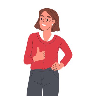 Kadın baş parmağı işareti göster. Neşeli kız olumlu jestler, mutlu insan dili düz vektör çizimi gibi. El işaretli gülümseyen bayan.