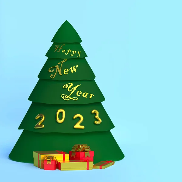 Weergave Van Een Kerstboom Met Gouden Rode Cadeaus Nieuwjaar 2023 — Stockfoto