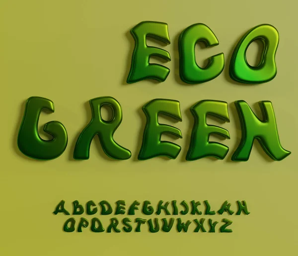 3d render of english alphabet in eco style. Green letters on a yellow background