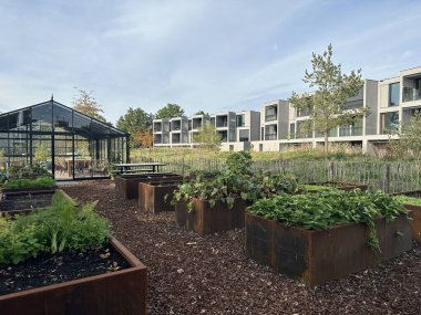 Silvolde 'da (Hollanda) bir yerleşim yeri olan ekolojik olarak temiz bir alanda sera ve sebze bahçesi. Çelik konteynırlarda kaldırılmış yataklar. Konut alanı eski bir fabrikanın sahasına inşa edildi. 