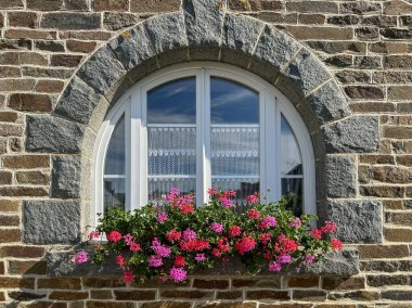 Çiçekli pencere. Çiçek kutusunda sardunyalar olan kemerli bir pencere. Çerçeve taştan ve dantel perdeler kırsal duvara cazibe katıyor. Langourla, Brittany, Fransa
