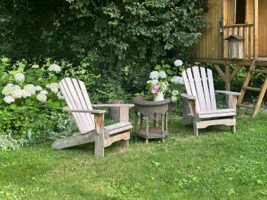 Ahşap sandalyeli taşra bahçesi. Adirondack sandalyeleri ortanca ve yemyeşil ağaçlarla çevrili rahat bir yer oluşturuyor. Büyüleyici bir ahşap ev eğlenceli bir dokunuş ekler. Willeman, Fransa