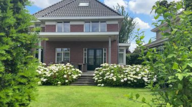 Beyaz ortancalı Hollanda evi. Etrafı yemyeşil ve çiçek açan ortanca makrofilla ile çevrili geleneksel bir tuğla ev. Hollanda 'da huzurlu bir banliyö bahçesi