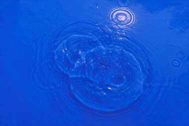 Defocus bulanık şeffaf mavi renkli berrak durgun su yüzeyi dokusu sıçrama ve baloncuk ile. Moda soyut doğa geçmişi. Güneş ışığında fotokopi uzayı ile su dalgası. Mavi suluboya parlıyor.