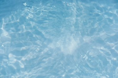  Defocus bulanık, şeffaf mavi renkli berrak, durgun su yüzeyi dokusu yansıma yansıması ile. Moda soyut doğa geçmişi. Güneş ışığında fotokopi uzayıyla birlikte su dalgaları. Mavi suluboya parlıyor.