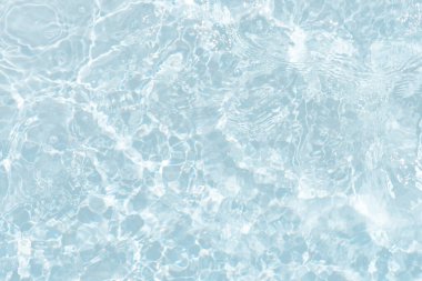 Yüzeydeki mavi su dalgaları bulanıklaştı. Defocus bulanık mavi şeffaf, berrak, durgun su yüzeyi dokusu sıçrama ve kabarcıklarla bulanıklaştırılmış. Parlak desenli arka planda su dalgaları.