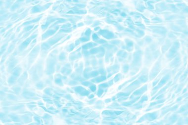 Su yüzeyi. Yüzeydeki mavi su dalgaları bulanıklaştı. Defocus bulanık mavi şeffaf, berrak, durgun su yüzeyi dokusu sıçrama ve kabarcıklarla bulanıklaştırılmış. Parlak desenli su dalgaları.