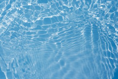 Yüzeydeki mavi su dalgaları bulanıklaştı. Defocus bulanık mavi şeffaf, berrak, durgun su yüzeyi dokusu sıçrama ve kabarcıklarla bulanıklaştırılmış. Parlak desenli arka planda su dalgaları.