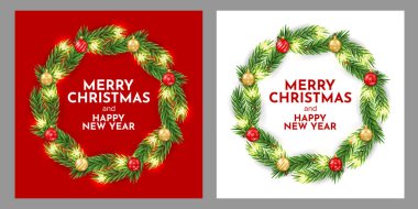 Mutlu Noeller ve mutlu yıllar. Noel dalları, balolar, kar taneleri. Satılık, afişler, posterler, kapak tasarım şablonları, sosyal medya duvar kağıdı hikayeleri
