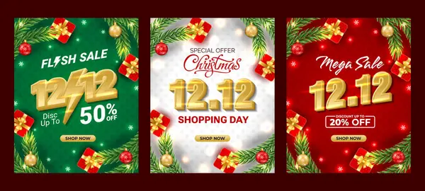 12.12 Alışveriş Günü arkaplanı, Noel şubesi, balolar, kar taneleri. Satılık afişler, posterler, kapak tasarımı şablonları, sosyal medya duvar kâğıdı hikayeleri. 2025 Noel konsepti