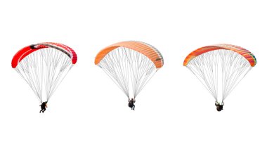 collection Bright colorful parachute on white background, isolated. Concept of extreme sport, taking adventure challenge.