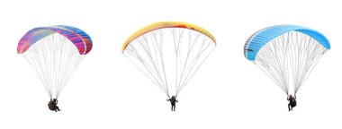 collection Bright colorful parachute on white background, isolated. Concept of extreme sport, taking adventure challenge.