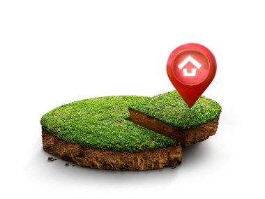 House symbol with location pin icon on round soil ground cross section with earth land and green grass, ground ecology isolated on white background. real estate sale, property investment concept. 3D.