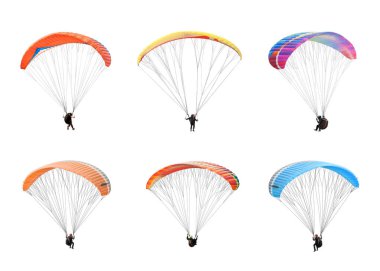 collection Bright colorful parachute on white background, isolated. Concept of extreme sport, taking adventure challenge.
