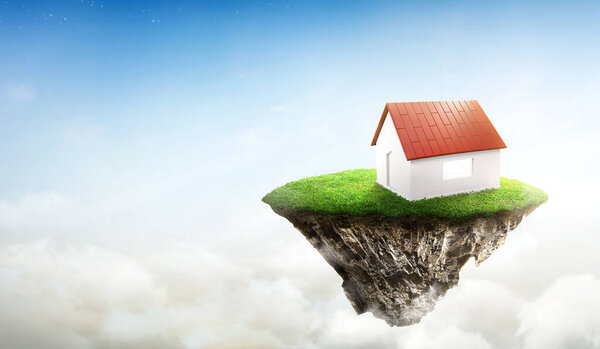 Модель дома в круглом сечении грунта с зеленой травой. фантазии плавучий остров природный ландшафт с раем концепции на вершине голубого неба. Продажа недвижимости или концепция инвестиций в недвижимость. 3d