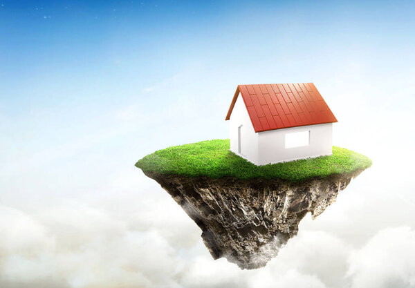 Модель дома в круглом сечении грунта с зеленой травой. фантазии плавучий остров природный ландшафт с раем концепции на вершине голубого неба. Продажа недвижимости или концепция инвестиций в недвижимость. 3d