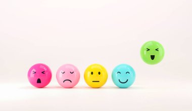 Hüzünlü ve mutlu ruh hali, değerlendirme, artış oranı, müşteri deneyimi, memnuniyet ve en iyi hizmet derecelendirme konsepti olan emoji ifadeleri. Müşteri hizmetleri değerlendirmesi. 3d hazırlayıcı.