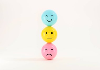Hüzünlü ve mutlu ruh hali, değerlendirme, artış oranı, müşteri deneyimi, memnuniyet ve en iyi hizmet derecelendirme konsepti olan emoji ifadeleri. Müşteri hizmetleri değerlendirmesi. 3d hazırlayıcı.