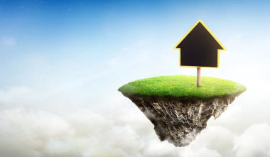 Kabin toprağında konum simgesi olan ev sembolü ve yeşil çimenli jeoloji kesiti. Havada yüzen fantezi adası gökyüzünde cennet konsepti olan doğal manzara. Emlak satışı konsepti. Üç Boyut