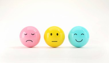 Hüzünlü ve mutlu ruh hali, değerlendirme, artış oranı, müşteri deneyimi, memnuniyet ve en iyi hizmet derecelendirme konsepti olan emoji ifadeleri. Müşteri hizmetleri değerlendirmesi. 3d hazırlayıcı.