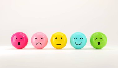 Hüzünlü ve mutlu ruh hali, değerlendirme, artış oranı, müşteri deneyimi, memnuniyet ve en iyi hizmet derecelendirme konsepti olan emoji ifadeleri. Müşteri hizmetleri değerlendirmesi. 3d hazırlayıcı.