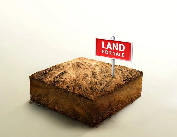 Land for sale sign on empty dry soil land plot for housing construction project, ground ecology isolated on light color. real estate sale, property investment concept. 3d illustration
