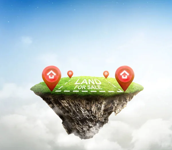 Kabin toprağında konum simgesi olan ev sembolü ve yeşil çimenli jeoloji kesiti. Havada yüzen fantezi adası gökyüzünde cennet konsepti olan doğal manzara. Emlak satışı konsepti. Üç Boyut
