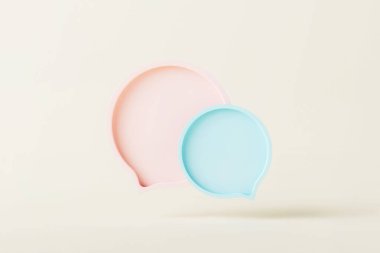 Boş konuşma simgesi iletişim balonu simgesi ve sosyal sohbet diyalogu diyalogu diyaloğu diyaloğu konuşmaları için iki boş mavi, pembe mesaj arkaplanı ile izole edilmiş..