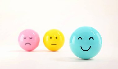 Hüzünlü ve mutlu ruh hali, değerlendirme, artış oranı, müşteri deneyimi, memnuniyet ve en iyi hizmet derecelendirme konsepti olan emoji ifadeleri. Müşteri hizmetleri değerlendirmesi. 3d hazırlayıcı.