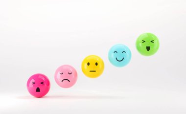 Hüzünlü ve mutlu ruh hali, değerlendirme, artış oranı, müşteri deneyimi, memnuniyet ve en iyi hizmet derecelendirme konsepti olan emoji ifadeleri. Müşteri hizmetleri değerlendirmesi. 3d hazırlayıcı.