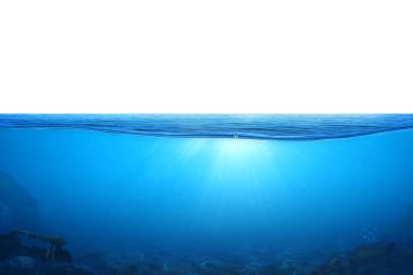 Mavi su dalgası ve baloncuklar beyaz arka planda izole edilmiş. Suyun altındaki mavi dalgalar ve kabarcıklar. Güneş ışığı yansımalı deniz, sakin su yüzeyinin sakin deniz uyumu. grafik tasarım, düzenleme için.