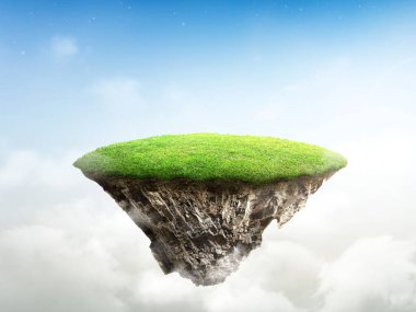 Toprak toprak arazisi ve yeşil çimlerle kesişiyor. Fantezi yüzen ada. Mavi gökyüzünün üzerinde cennet konsepti olan gerçeküstü kaya yüzeyinde doğal yüzen ada. 3d illüstrasyon.