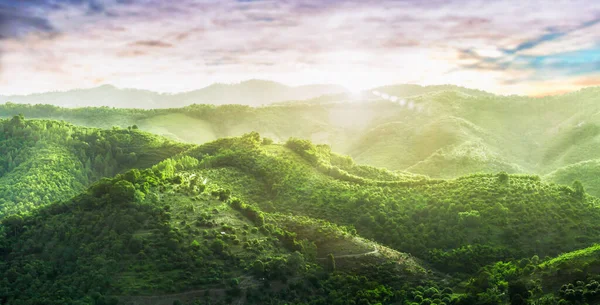 Dağ tepeleri gün batımı manzarası. Gün batımı dağ manzarası. Tayland, Loei Eyaleti, Phu Lam Duan 'daki turistik yerler.