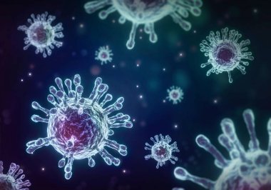 Coronavirus COVID-19  under the microscope. 3d illustration. coronavirus outbreak, virus floating in a cellular environment, COVID-19 outbreaking and Pandemic medical health risk concept.