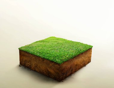 3 boyutlu illüstrasyon, kübik toprak zemin kesiti toprak arazisi ve yeşil çimenler, toprak katmanları. gerçekçi 3D görüntüleme zemin ekolojisi, kesme arazi tabanı ve ışık arkaplanı üzerinde kaya izole.