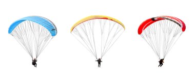 collection Bright colorful parachute on white background, isolated. Concept of extreme sport, taking adventure challenge.