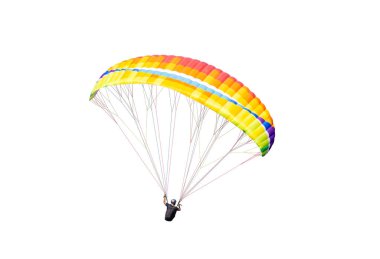 Bright colorful parachute on white background, isolated. Concept of extreme sport, taking adventure challenge.