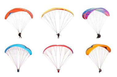 collection Bright colorful parachute on white background, isolated. Concept of extreme sport, taking adventure challenge.