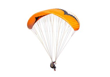 Bright colorful parachute on white background, isolated. Concept of extreme sport, taking adventure challenge.