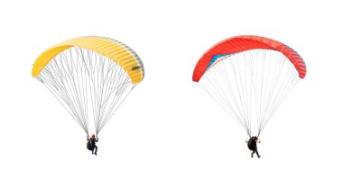 collection Bright colorful parachute on white background, isolated. Concept of extreme sport, taking adventure challenge.